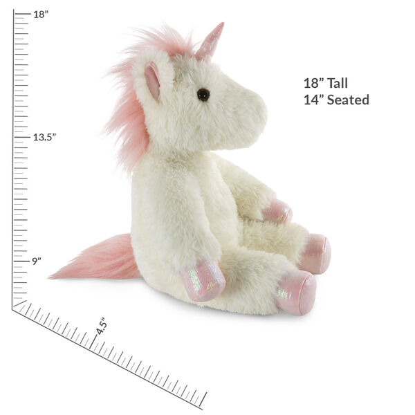 18" Fluffy Fantasies Unicorn - Side view of seated creamy white Unicorn with measurements of 18" tall and 14" seated image number 4