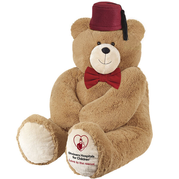4' Love to the rescue bear - Seated honey brown bear with Shriner's Hospital logo embroidered on the foot pad and wearing a Shriner's fez hat image number 0