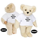 15" Say Anything T-Shirt Bear - Front view of standing jointed bear dressed in white t-shirt with black graphic that says, "Your message here" on the front and the back of the shirt - Buttercream brown fur image number 1