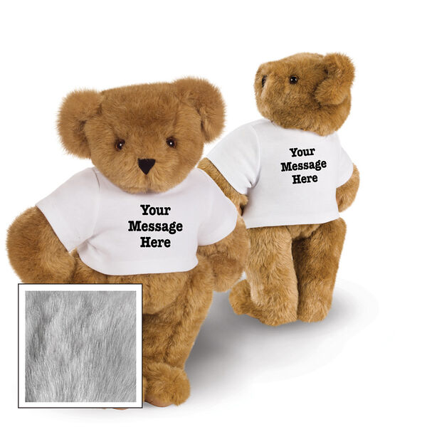 15" Say Anything T-Shirt Bear - Front view of standing jointed bear dressed in white t-shirt with black graphic that says, "Your message here" on the front and the back of the shirt - Gray fur image number 4
