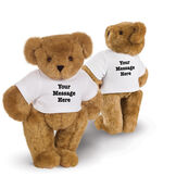 15" Say Anything T-Shirt Bear - Front view of standing jointed bear dressed in white t-shirt with black graphic that says, "Your message here" on the front and the back of the shirt - Honey brown fur image number 0