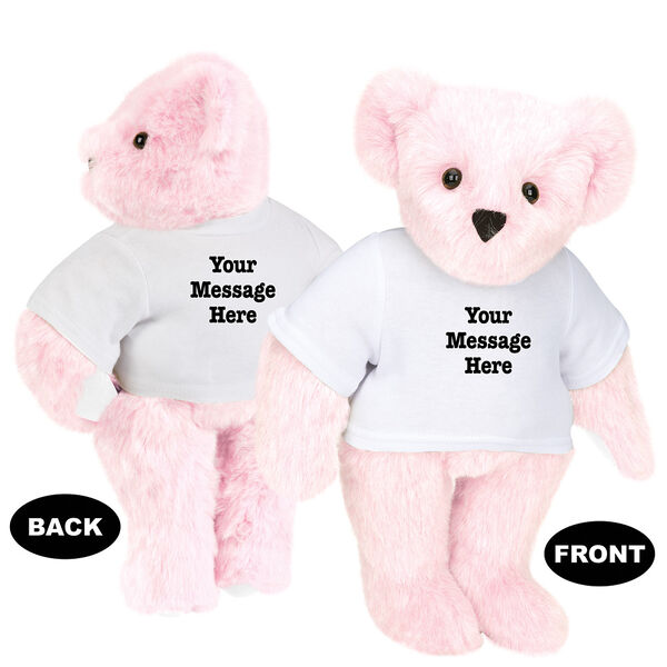 15" Say Anything T-Shirt Bear - Front view of standing jointed bear dressed in white t-shirt with black graphic that says, "Your message here" on the front and the back of the shirt - Pink fur image number 5