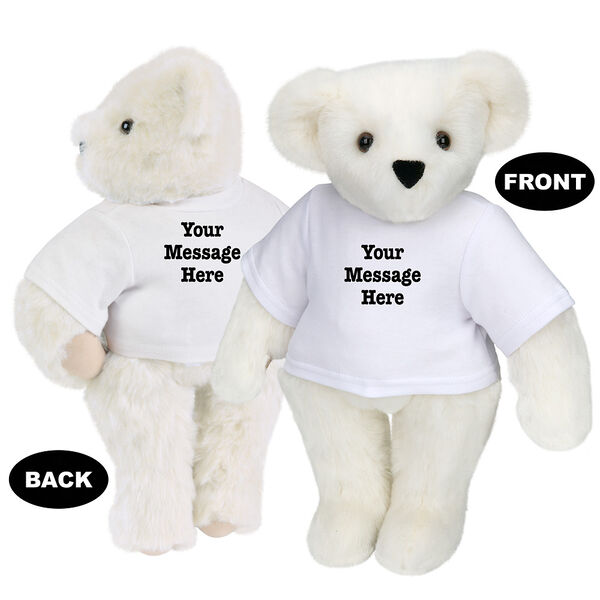 15" Say Anything T-Shirt Bear - Front view of standing jointed bear dressed in white t-shirt with black graphic that says, "Your message here" on the front and the back of the shirt - Vanilla white fur image number 2