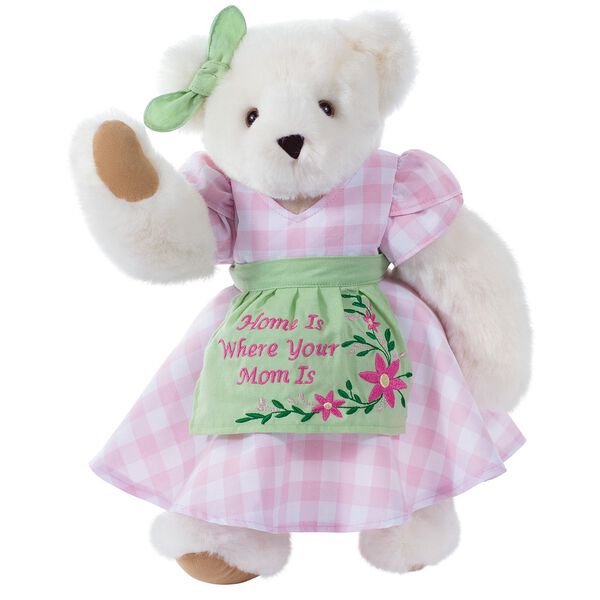 15" Home Is Where Your Mom Is Bear - Front view of standing jointed bear wearing a pink gingham dress, green bow and apron with floral embroidery and says "Home is Where Your Mom Is" - Vanilla white fur image number 6