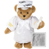 15" Graduation Bear in White Gown - Front view of standing jointed bear dressed in white satin graduation gown and cap and holding a rolled up diploma personalized "Jackson 2023" on right sleeve and "Syracuse" on left in gold - Gray image number 4