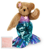 15" Mermaid Bear - Three quarter view of standing jointed bear dressed in a blue sequin tail and purple top with shell embroidery an pink starfish applique and earpiece - pink fur image number 8