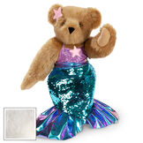 15" Mermaid Bear - Three quarter view of standing jointed bear dressed in a blue sequin tail and purple top with shell embroidery an pink starfish applique and earpiece - vanilla white fur image number 5