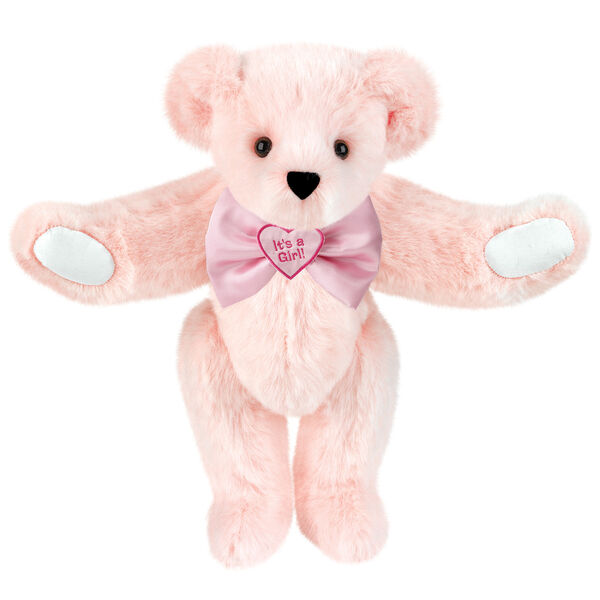 15" "It's a Girl!" Bow Tie Bear - Standing jointed bear dressed in light pink satin bow tie with "It's a Girl!" is embroidered on heart center - Light Pink fur image number 5