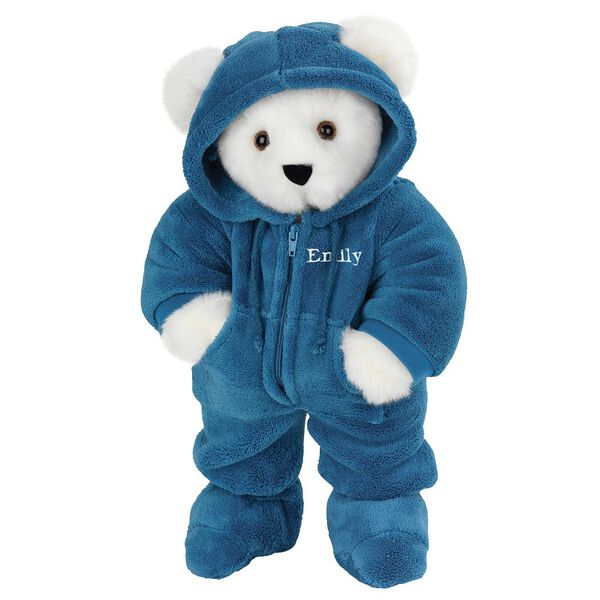 15" Hoodie-Footie Bear Blue - Front view of standing jointed bear dressed in blue hoodie footie personalized with "Emily" in white on left chest - Vanilla white fur image number 2