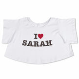 4' I Heart "You" T-Shirt - front view of white t-shirt personalized with I "Heart" Sarah in red and black writing image number 0